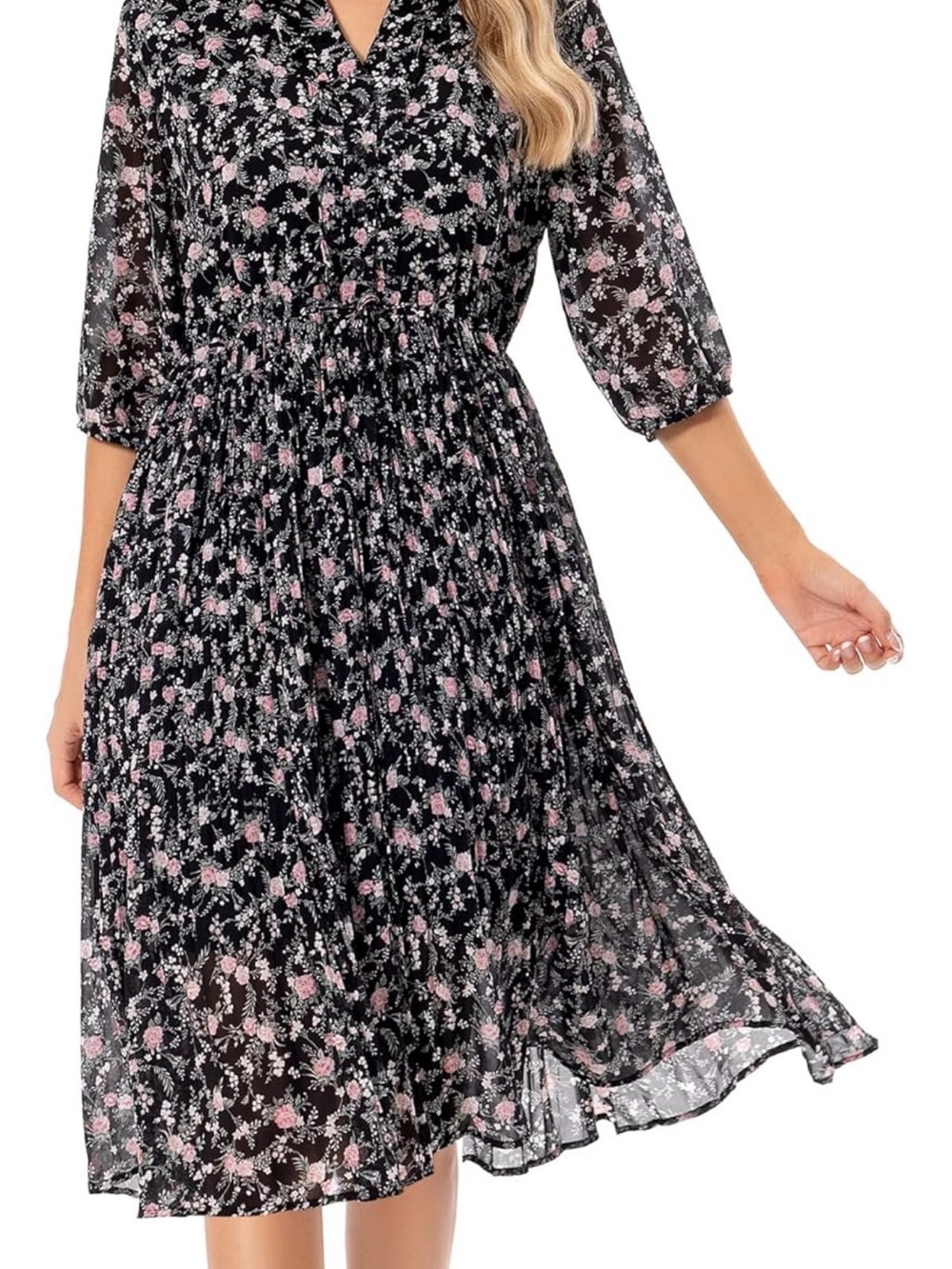 Black Floral Midi Dress with Pink Blossom Print